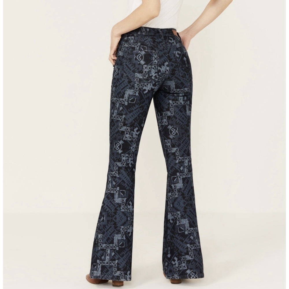 Shyanne Jeans Women's Size 32 High Rise Flare Blue Denim Aztec Tribal Stretch